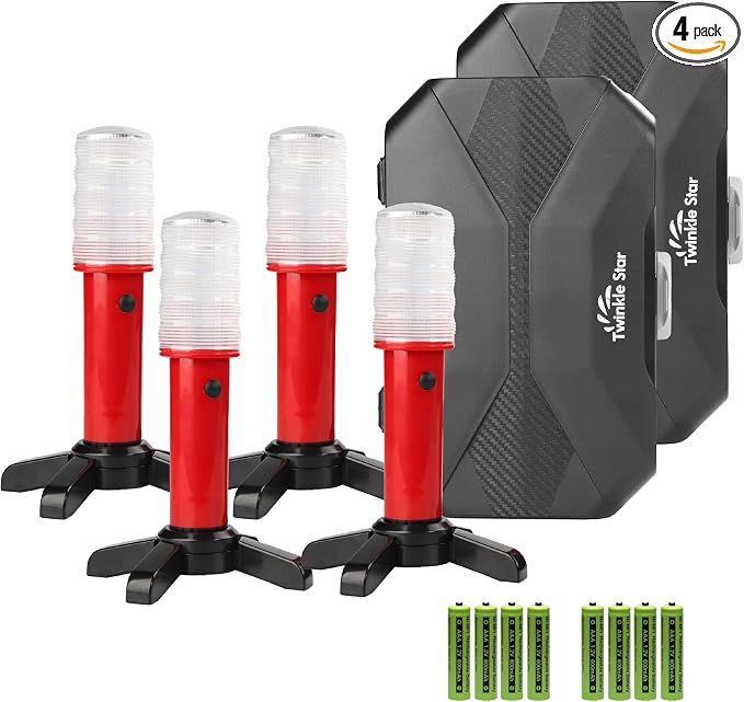 LED Safety Strobe Road Warning Light, Set of 4 | Emergency Roadside Flares Kit, Highway Beacon Alert Flare, Magnetic Base, Detachable Stand, Solid Storage Case
