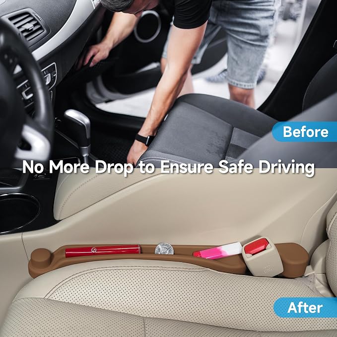 Car Seat Gap Filler Set of 2, 3IN1 Seat Side Gap Filler Plug with Storage Slot & Hook Function, Soft Foam Universal Fit Car SUV Truck Fill Gap Between Seats Console Organizer（Standard Mocha Brown）