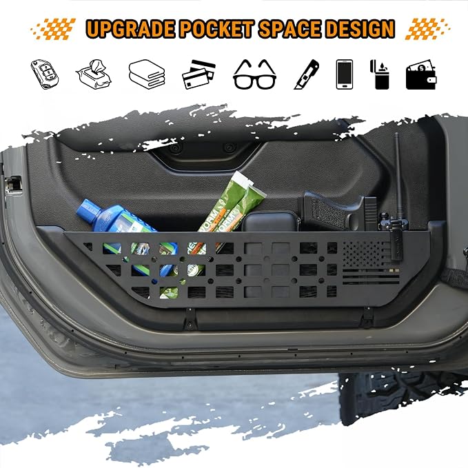 Metal Front & Rear Door Storage Box Pockets Door Side Insert Organizer with Cup Holder Compatible with 2018-2024 2025 Jeep Wrangler JL JLU & 2020-2024 2025 Gladiator JT Interior Accessories, 4pcs