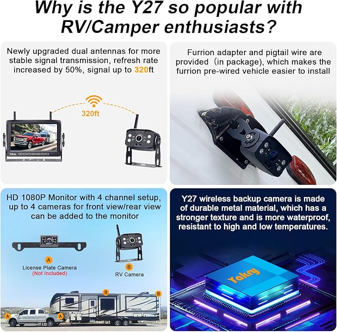 RV Backup Camera Wireless Plug and Play: Pre-Wired for Furrion System Recording Wide View Rear View Camera Clear Night Vision HD 1080P 7'' Touch Key Monitor for Trailer Camper Motorhome Y27-N