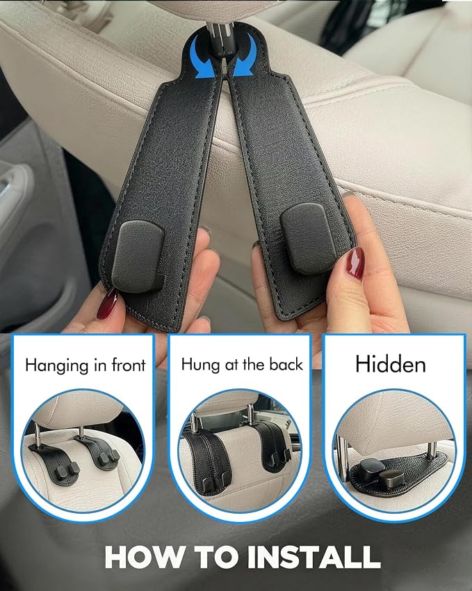 Purse Holder for Car, 2 Pack Heavy Duty Purse Hanger for Car, PU Leather Car Seat Hooks for Purses and Bags, Cute Minimalist Black Headrest Organizer for Handbags & Backpacks