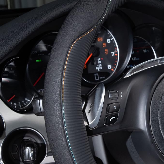 Colour Piping Leather Universal Fit Steering Wheel Cover,Perfectly fit for 14.5-15 inches for Various Vehicles Suvs,Vans,Trucks,Sedans,Cars(Black Multicolor)