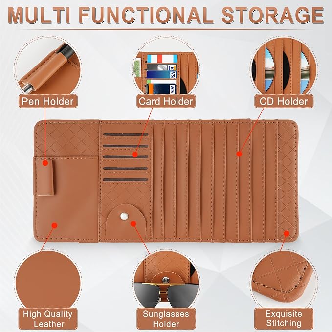 Sun Visor CD Case Holder for Car - Multi-Function Visor Organizer with CD/DVD Storage, Eyeglass Clip, Card Slots & Pen Holder, Durable Leather Car Accessories (Orange)