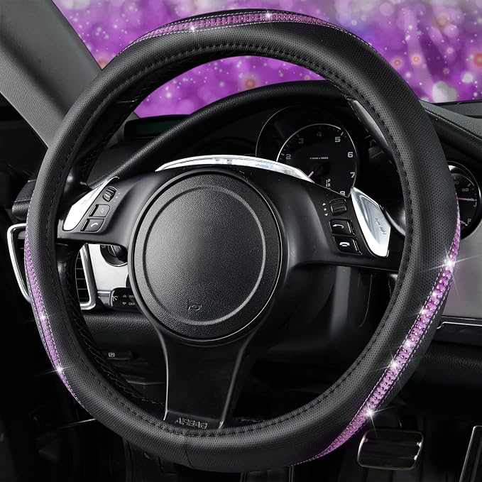 Bling Diamond Black Leather Steering Wheel Cover, Studded Crystal Rhinestones Universal Fit 14" 1/2-15" Glitter for Women Sparkle Girl Fit Suvs,Vans,Sedans,Car,Trucks, Purple Diamond