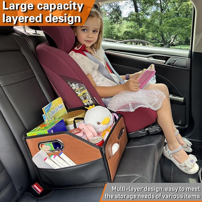 Car Organizer - 2025 Upgraded Leather Car Storage Organizer for Front Back Seat or Floor with 3 Metal Handles 6 Apartments, Multipurpose Car Organizers and Storage Brown.