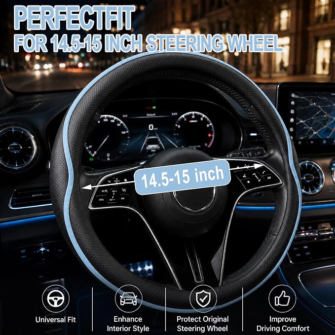Car Steering Wheel Cover Full Surround - Soft Breathable Anti-Slip Heavyweight Safety Cover, Thick Cushioned Sports Style Universal Fit for Auto Truck SUV (Black/Sky Blue)