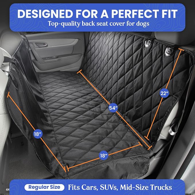Dog Backseat Cover with Hammock for Cars, SUVs, and Trucks – Waterproof Layers, Nonslip Seat Protector, Durable Nylon Clips, K9 Shield with Heavy Duty Thread, (Regular, Black)