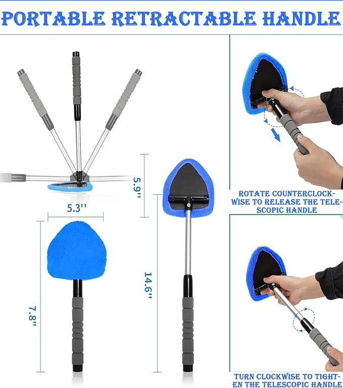 Car Windshield Cleaner Tool with Reusable Microfiber Pads Extendable Handle(1, Blue)