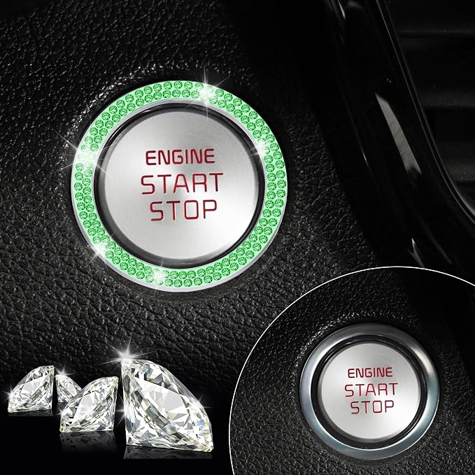 2 PCS Crystal Double Rhinestone Car Engine Start Stop Decoration Ring, Bling Car Interior Accessories for Women, Push to Start Button Cover Sticker, Automotive Decals, Light Green