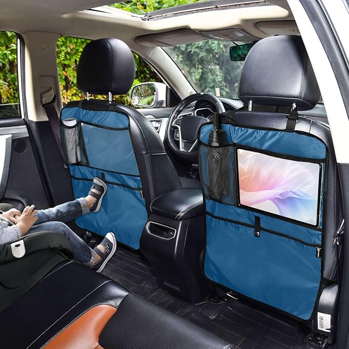 Marine Blue Seat Back Organizer Car Backseat Protective Kick Mat with Mesh Pockets, Kick Mats Back Seat Protector for Suv