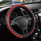 Leather Steering Wheel Cover – Black & Red Universal Fit 14.5-15 Inch, Microfiber Leather, Anti-Slip & Breathable Design for Men and Women