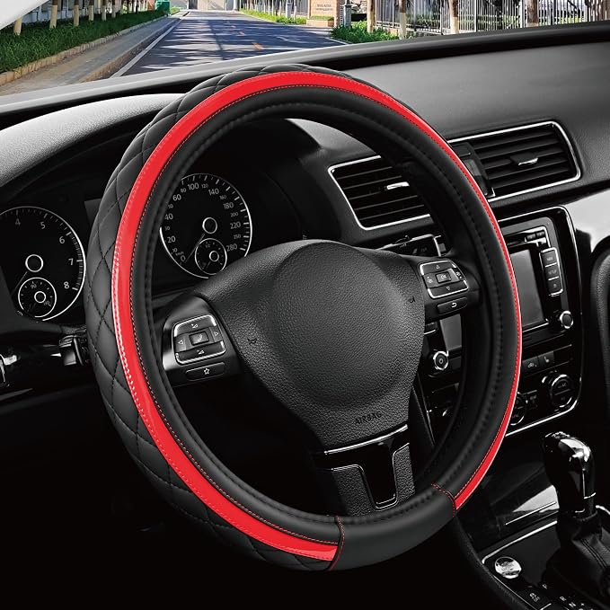 Leather Steering Wheel Cover – Black & Red Universal Fit 14.5-15 Inch, Microfiber Leather, Anti-Slip & Breathable Design for Men and Women