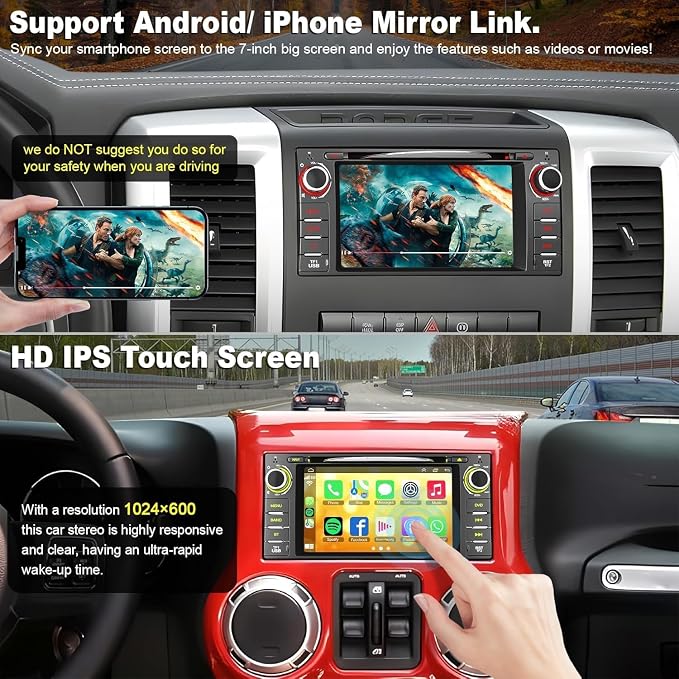 Car Radio Stereo with CD/DVD Player for Dodge RAM 1500 2500 3500 (2009-2012), for Jeep Wrangle/Unlimited (2007-2015),7 Inch Head Unit with CarPlay & Android Auto,Bluetooth & GPS Navigation
