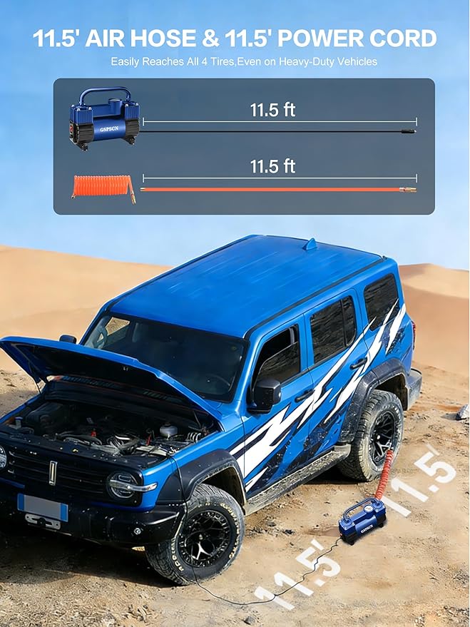 12V Heavy Duty Tire Inflator Metal Portable Air Compressor Pump | 6X Faster Inflation Double Cylinders 150PSI Air Pump with Adapter for Car, RV,Pickup Truck, SUV, Van,Camper, Air Bed,Ball