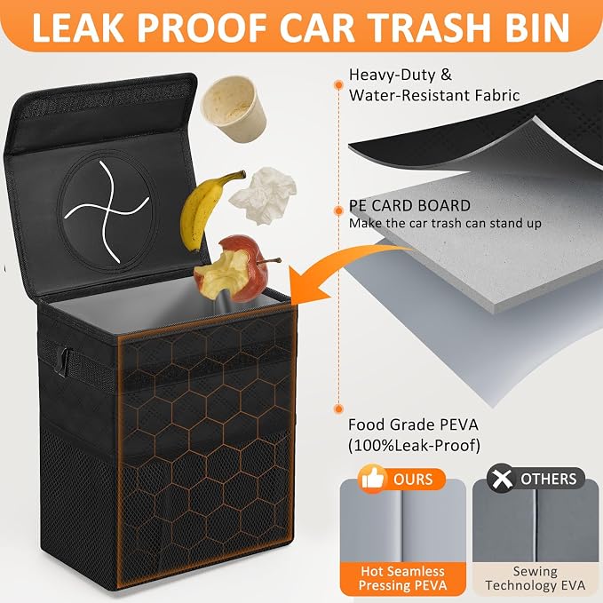 Car Trash Can for Cute, Bag Bin Hanging Waterproof Automotive Car Garbage Cans Leak Proof Vehicle Trash Can Diamond Pattern-Black
