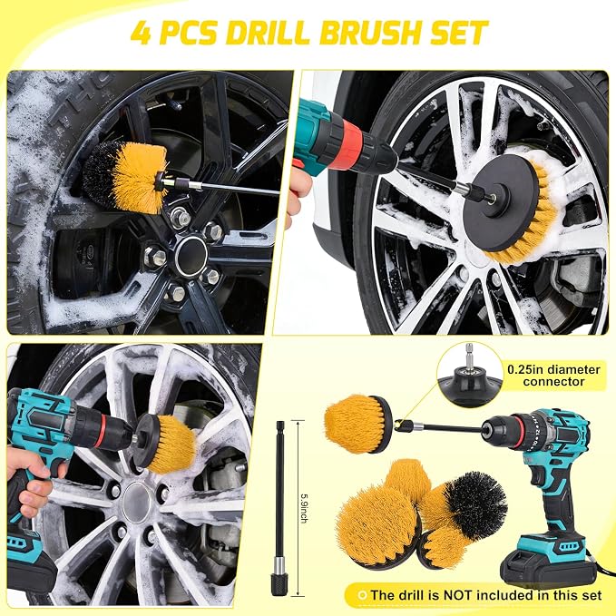 27PCS Car Detailing Kit Auto Cleaning Tools Wash Set with Storage Carry Bag Home Use for Interior Exterior Deep Clean Polish Car Care Windshield Dashboard Seat Air Vents Wheels Tires, Yellow