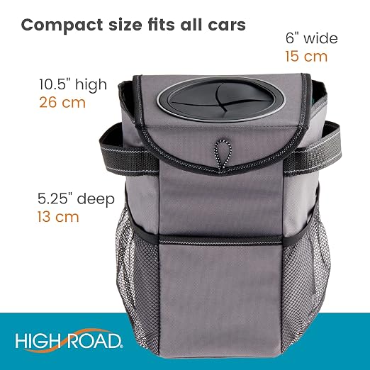 StashAway Heavy Duty Car Trash Can with Rubber Lid, 3 Storage Pockets and Sturdy Panels for Stable Floor or Hanging Seatback Use (Gray)