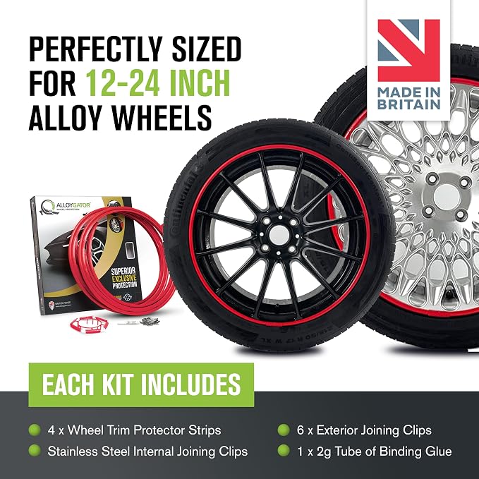 AlloyGator Red Rim Protector for Car Wheels (Fits 12-24" Wheel Diameter) - Pack of 4 Premium Alloy Wheel Protector to Avoid Scratches & Scuffs - Adhesive Free Curb Rash Rim Protectors