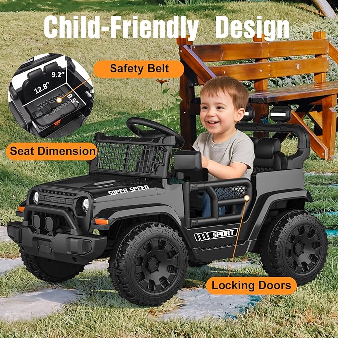12V Ride on Car with Parent Remote Control, Toddler Electric Car with Spring Suspension, LED Lights & Music Player - Safe Battery Toy for Kids, Christmas & Birthday Gift, Black
