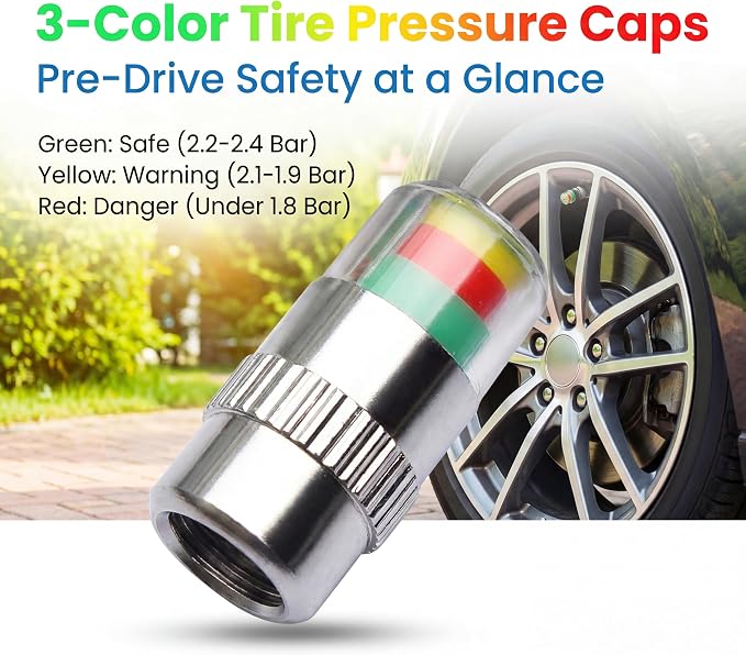 4Pcs 36 PSI Car Tire Pressure Monitor Valve Stem Caps, Easy to Read 3 Color Eye Alert Sensor Indicator for Pre-Drive Check Road Safety