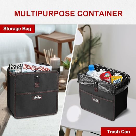 2 Pack Car Trash Can with Storage Pockets, Multipurpose Car Garbage Bin with Adjustable Straps, Foldable and Portable Organizer, Hanging for Headrest, 3 Gallon, Black