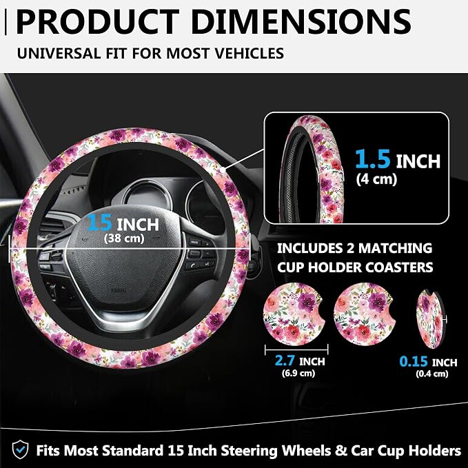 Watercolor Peony Floral Steering Wheel Cover for Women, Anti-Slip Car Steering Wheel Cover with 2 Pcs Cup Holders Neoprene Breathable Car Accessories Universal 15 Inch Auto Interior Decor
