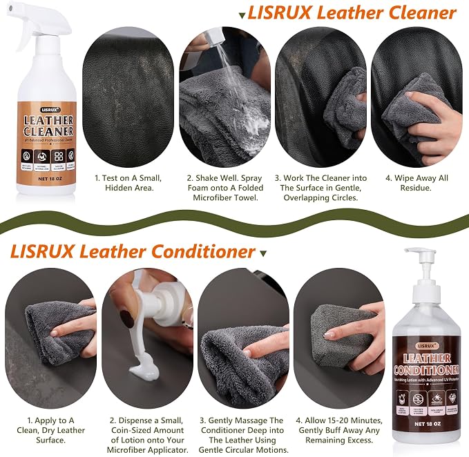 Leather Cleaner and Conditioner Kit-2×18oz, Leather Cleaner for Car Seats, Furniture, Couches, Shoes & Boots, pH-Balanced, Restores & Protects All Leather For Natural, Synthetic, Faux, Pleather