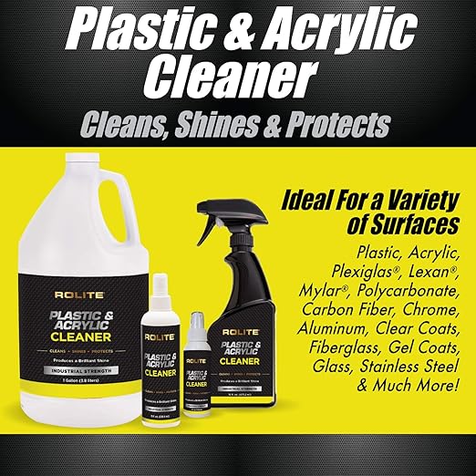 Rolite Plastic & Acrylic Cleaner, 4 fl. oz., High Shine Protectant & Polish for Nonporous Surfaces, Streak-Free Formula for Windshields, Windows, Headlights, Automotive Detailing