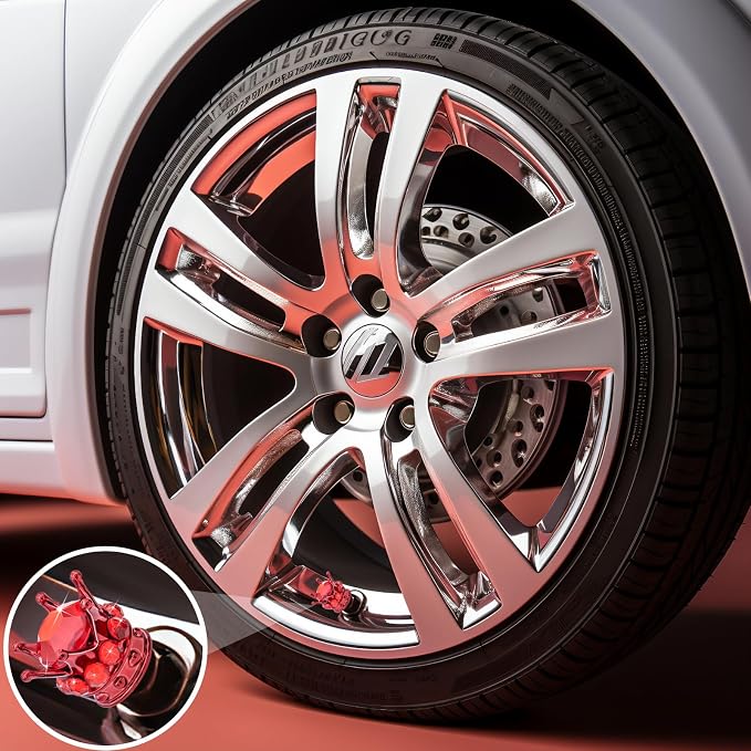 4PCS Crown Bling Tire Stem Valve Caps, Crystal Diamond Car Wheel Tire Valve Caps Universal Copper Core Stem Covers for Cars, SUV, Trucks, Bikes, Motorcycles, Bicycles (Red)