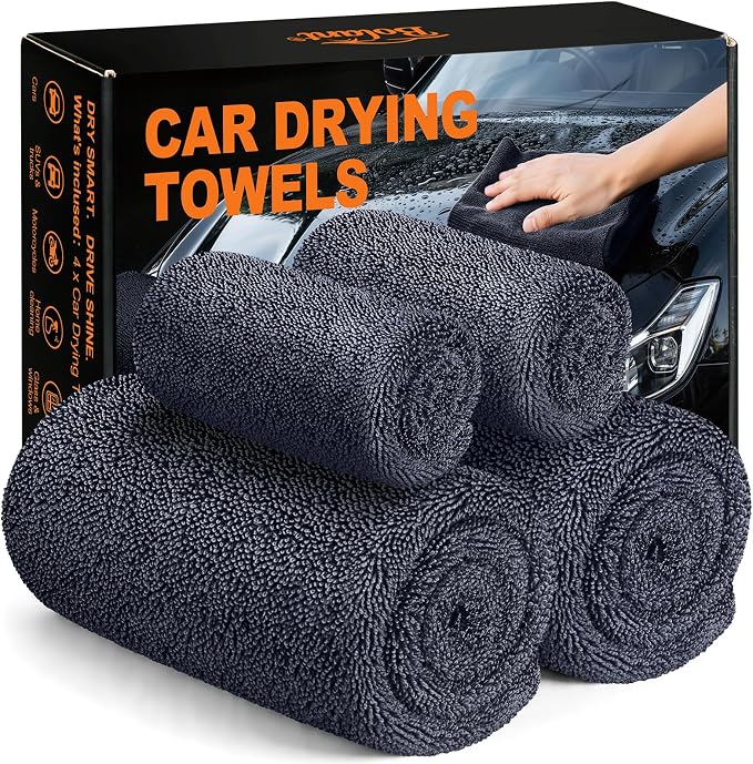 4 Pack Twisted Loop Car Drying Towel, Microfiber Towels for Cars 24"x36", Reusable Shammy Quick Dry Cloth for Carwash, for Auto, Boat, RV, Garage & Home