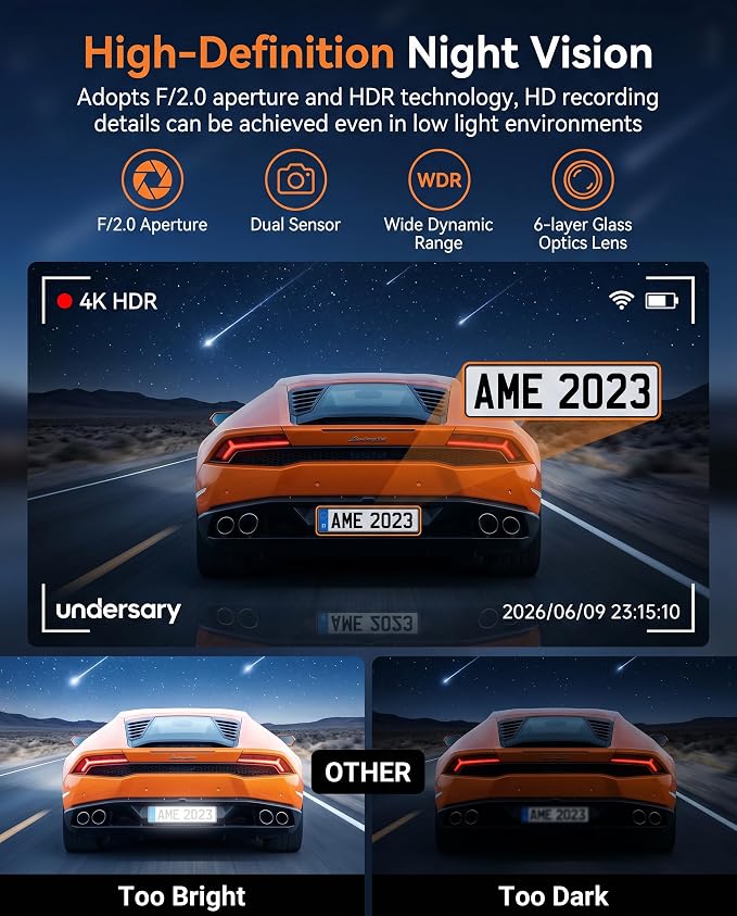 Dash Cam Front and Rear Inside, 4K Full HD 3 Channel Dash Camera for Cars, Free 32GB Card, Dashcam with 24H Parking Mode, Night Vision, G-Sensor, 170°Wide Angle, Loop Recording