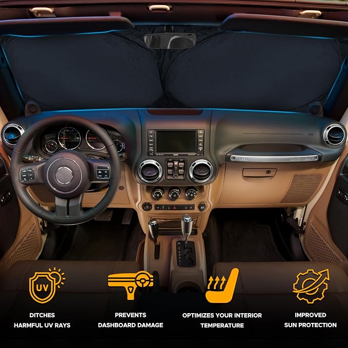 Jeep Windshield Sunshade | Sun Visor for UV Rays & Heat Protection | Suitable for Wrangler, Gladiator | Jeep Accessories for Wrangler | X-Small - 60x21 Inches