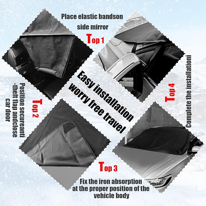Car Windshield Snow Cover, Upgraded 600D Oxford Fabric Windshield Frost Cover, 75×47 Inch Wind and Snow Protection Kit, Four Seasons Car Windshield Sunshade and Snow Cover, Universal Truck, SUV, Car