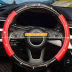 Diamond Soft Leather Steering Wheel Cover with Bling Bling Crystal Rhinestones, Universal 15 inch, Black Red
