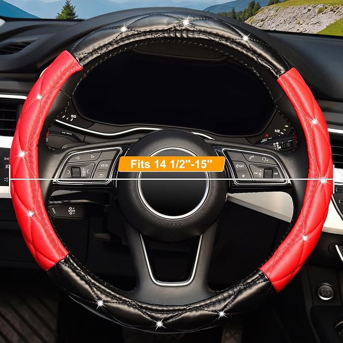 Diamond Soft Leather Steering Wheel Cover with Bling Bling Crystal Rhinestones, Universal 15 inch, Black Red