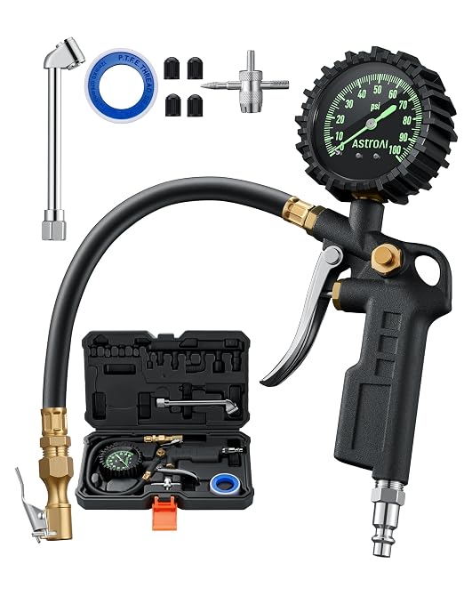 Tire Pressure Gauge with Inflator, 100 PSI-ANSI B40.1 Accurate, Large 2.5" Easy Read Glow Dial, Heavy Duty Air Chuck and Compressor Accessories for Truck, with Case