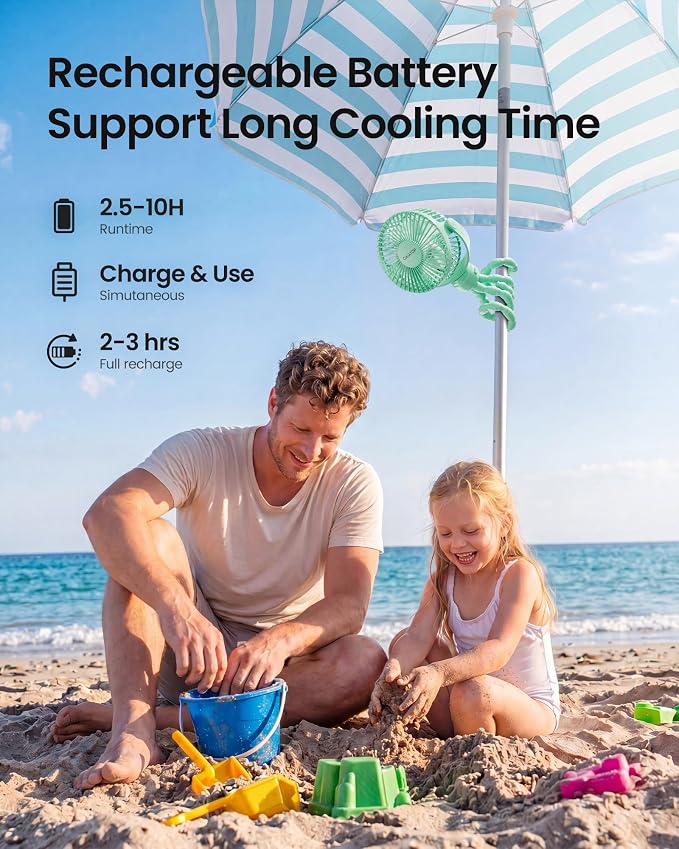 Mini Portable Stroller Fan, Battery Operated Small Clip on, Detachable 3 Speed Rechargeable, 360° Rotate Flexible Tripod Better Cooling for Car Seat Crib Treadmill Travel Green
