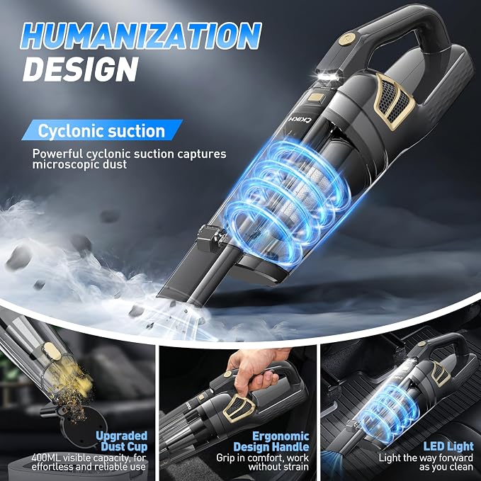 Handheld Vacuum Cordless, 15000PA Powerful Suction Rechargeable Vacuum,Portable Car Vacuum with LED Light and Multi Accessories, Hand Held Vacuum Cleaner for Home, Office, Pet Hair and Car