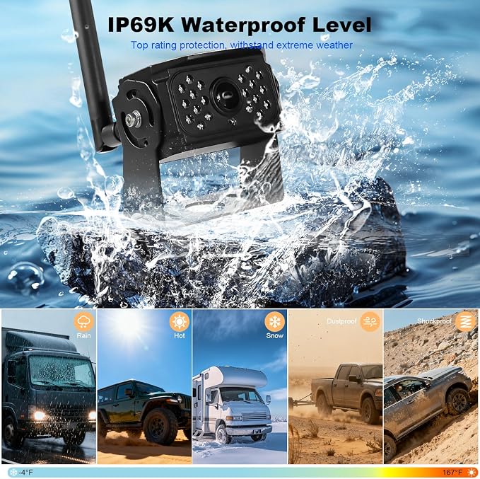 VTimes 3-Camera Wireless RV Backup System, RV Backup Camera with 7'' HD Monitor for Truck, 4 Channels Split Screen, BSD Alert, 984FT Signal Range, IP69K Waterproof IR Night Vision, DIY Guide Lines