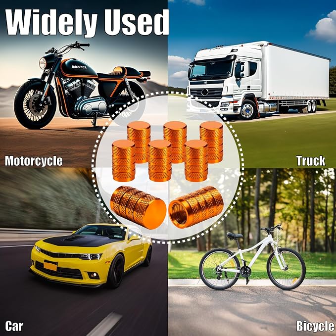 8PCS Tire Valve Stem Caps, Dust Proof, Anodized Aluminum Universal Tire Valve Stem Covers for Cars, SUV, Trucks, Bikes, Motorcycles, Bicycles(Orange)