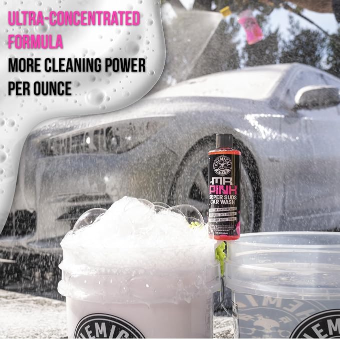 Mr. Pink Super Suds Car Wash Soap Plus Chenille Premium Microfiber Wash Mitt Bundle Kit, High Foaming Pink Shampoo And Scratch Free Wash Mitt For Cars Trucks SUVs Daily Drivers, 64 Fl Oz