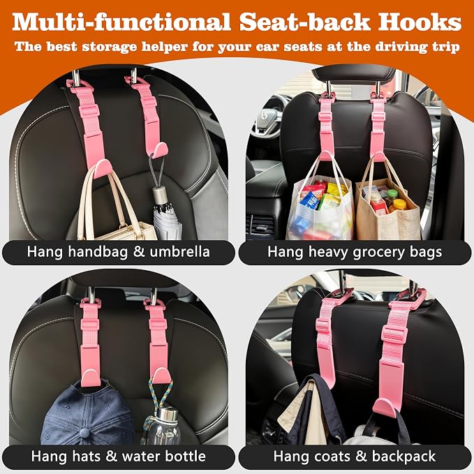 Car Headrest Hooks 4 Pack Adjustable Universal Fit Auto Seat Back Organizer Storage Hanger Purse Bags Holder with Clip Pink
