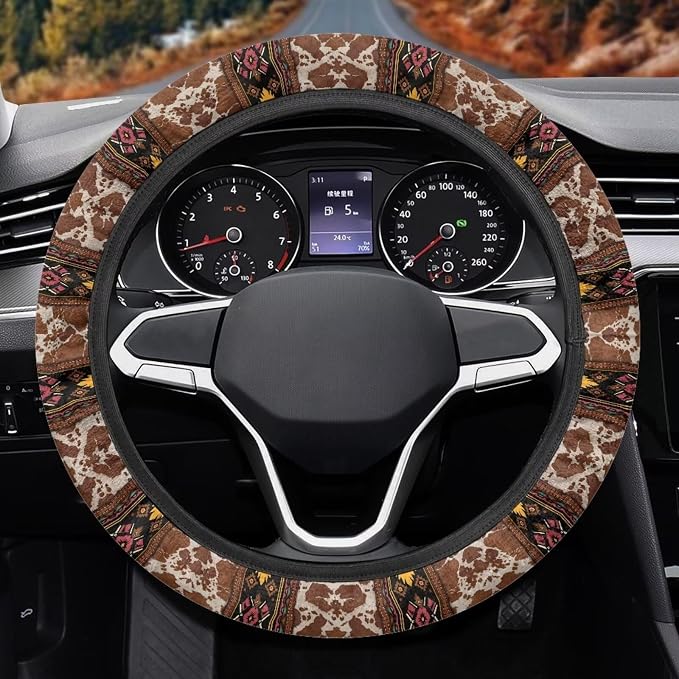 Auto Steering Wheel Cover Universal Stretch 15 Inch Anti-Slip Neoprene Car Steering Wheel Protector for Women Men, Aztec Brown Beige Cow Print