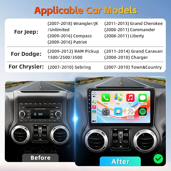Car Stereo Radio Upgrade for Jeep Wrangler JK 2007-2018 Replacement 2+64G Android 15 Head Unit with 10 Inch Touch Screen CarPlay Android Auto Backup Camera