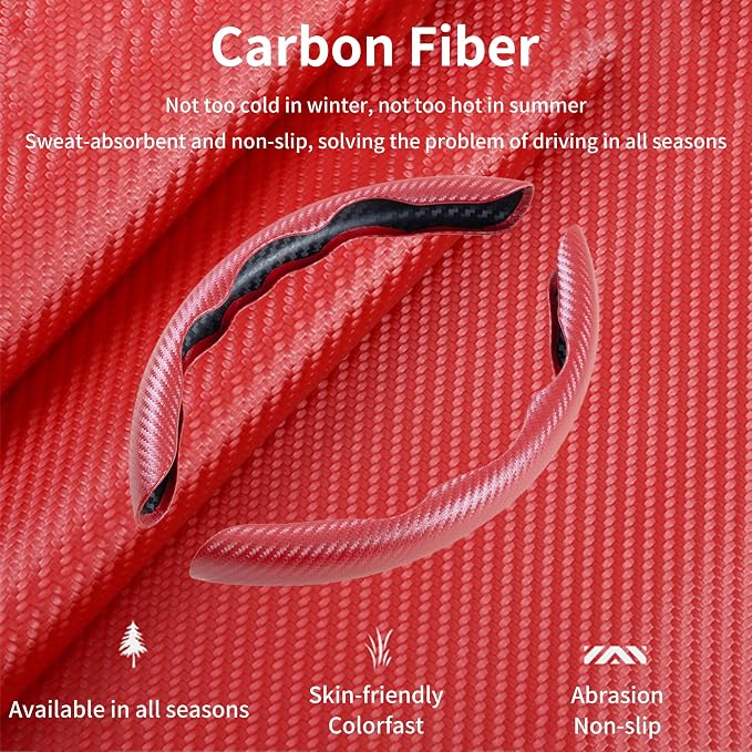 3Pcs Carbon Fiber Steering Wheel Cover Universal Fit 99% Cars | Non-slip soft grip, easy to wipe clean, quick to install, perfect for daily commutes and road trips, Red