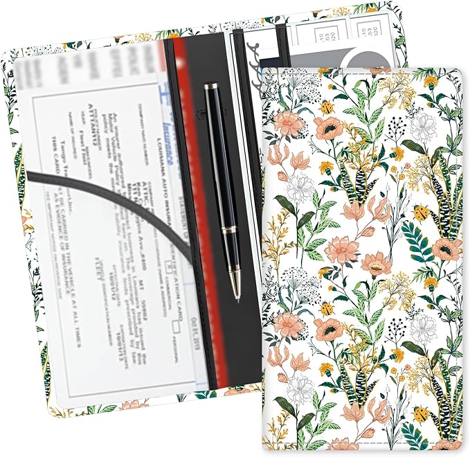 Leather Car Registration and Insurance Card Holder, Cute Car Accessories Vehicle Glove Box Car Organizer for Documents, Cards, License Beautiful Floral