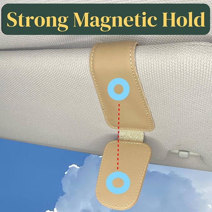 CHOSMOYI Magnetic Leather Sunglass Holder for Car, Sunglasses Clip for Car Visor, Auto Interior Accessories Universal for Different Size Eyeglasses (Beige)