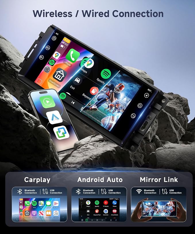 4G+64G Car Stereo for Jeep Wrangler JK 2007-2018 Dodge Ram 1500 2008-2012 with Wireless CarPlay Android Auto, 7 Inch Android Car Radio GPS Navigation WiFi SWC Bluetooth FM with Backup Camera