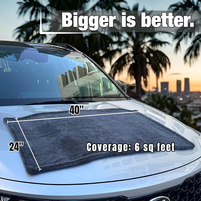 Extra Large Car Drying Towel 40"x24", 1300 GSM Car Towel, Gray | XL Professional Drying Towels Car Detailing with Double Twisted Loop, Super Absorbent Microfiber Drying Towels for Cars