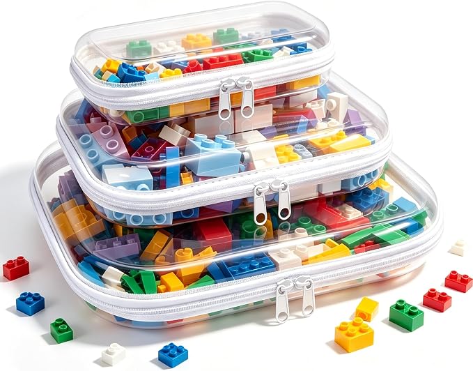 Clear Hard Plastic Zipper Case,Transparent Double Zippers Hard Pouch with 3pcs,Portable Travel Organizer Bin for Toy Storage
